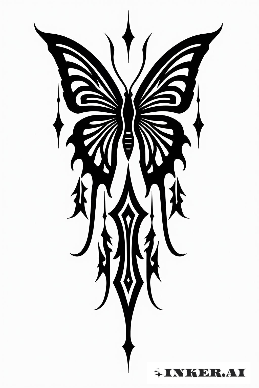 Ein Schmetterling schwebt über Stammespfeilmustern in einem Schwarz - Weiß - Tattoodesign.