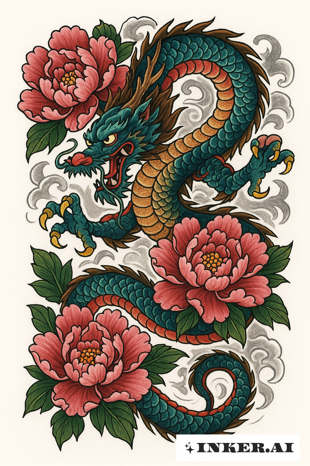 Dragon Impérial Chinois Avec Pivoines