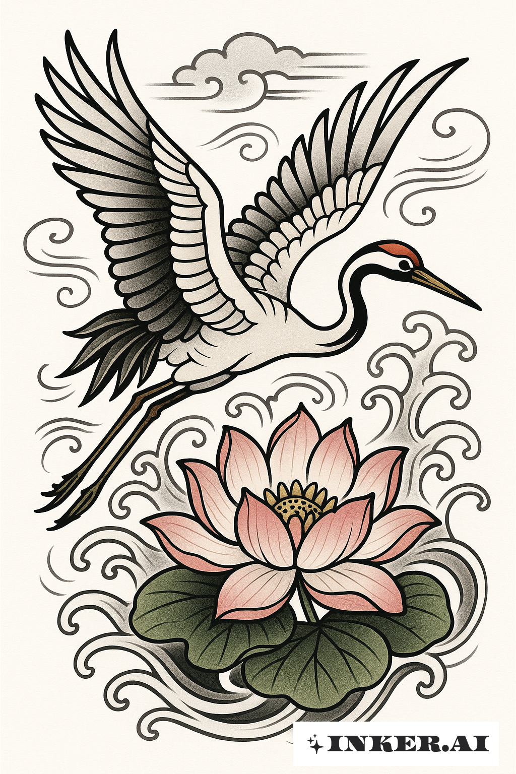 A Crane In Flight Over A Water Lily