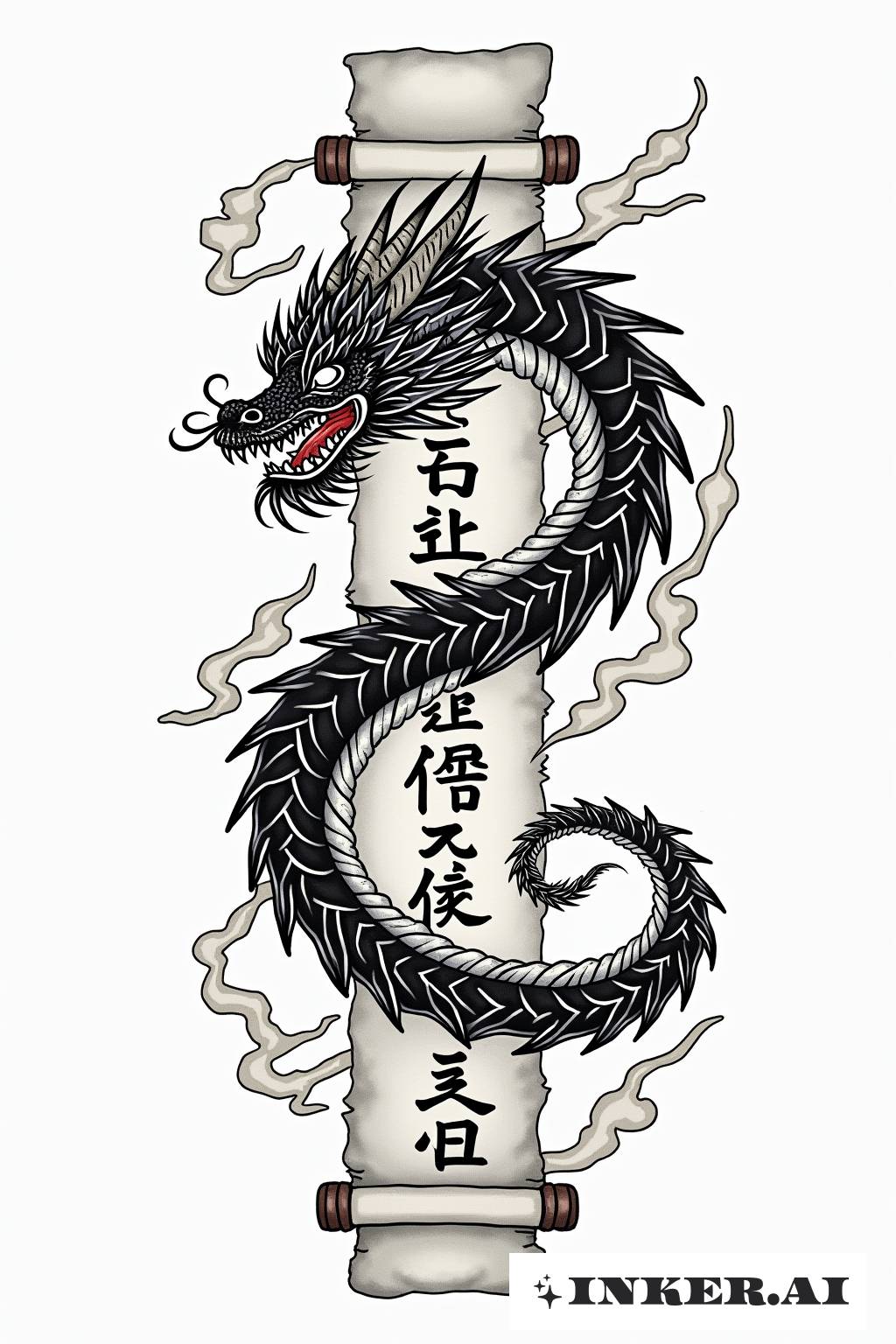 一条壮丽的黑墨龙缠绕着古卷轴，展现了精美的日本纹身艺术。