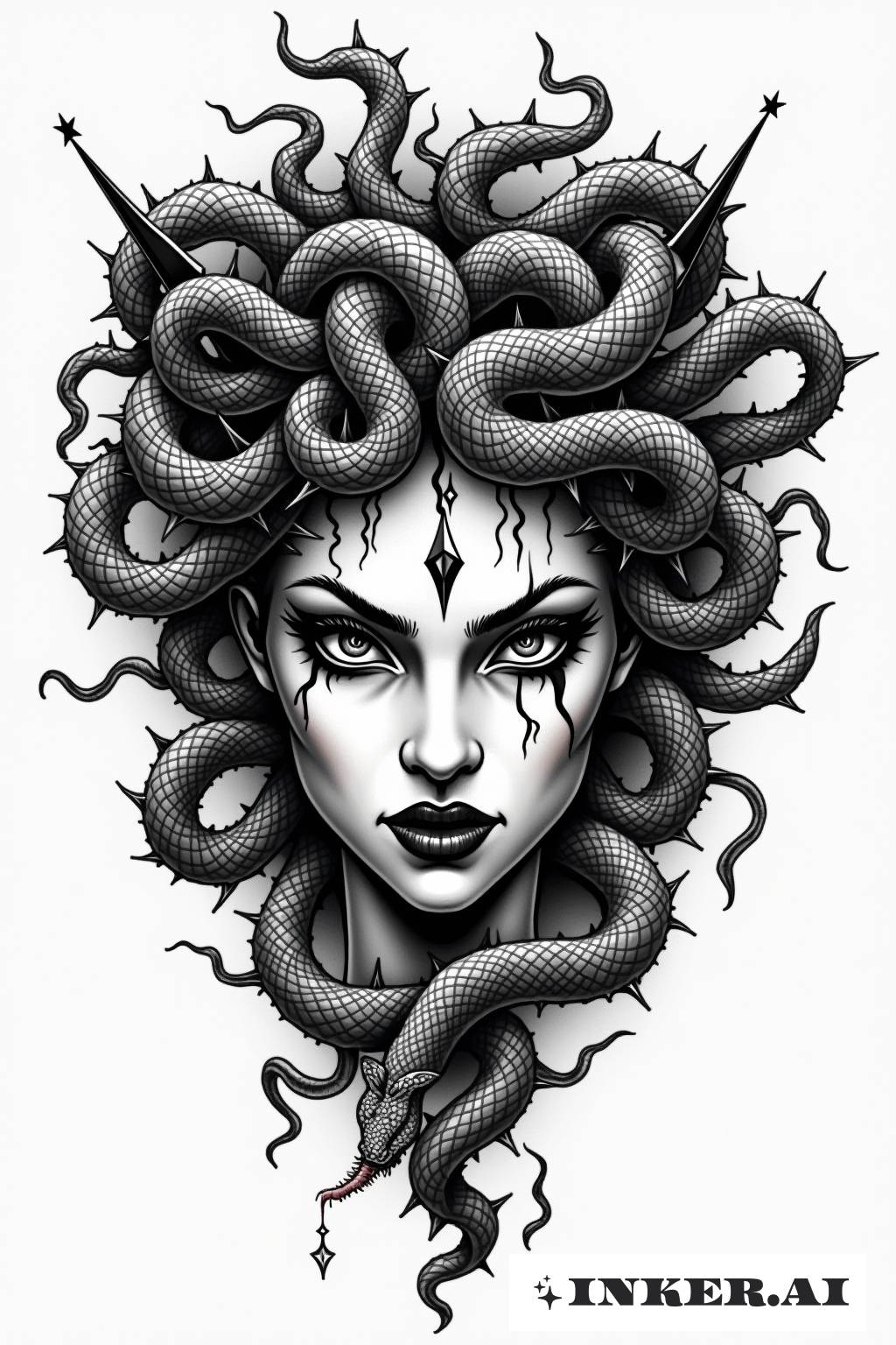 El rostro de Medusa con una corona espinosa, serpientes como cabello y ojos intensos y penetrantes.