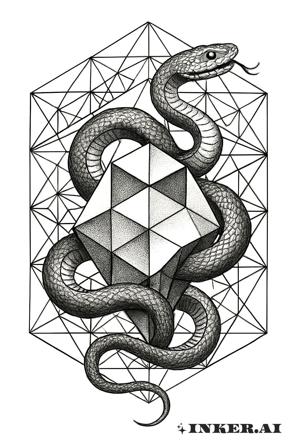 A serpent intricately coiled around a geometric prism, combining fluid curves with sharp angles in grayscale tones.