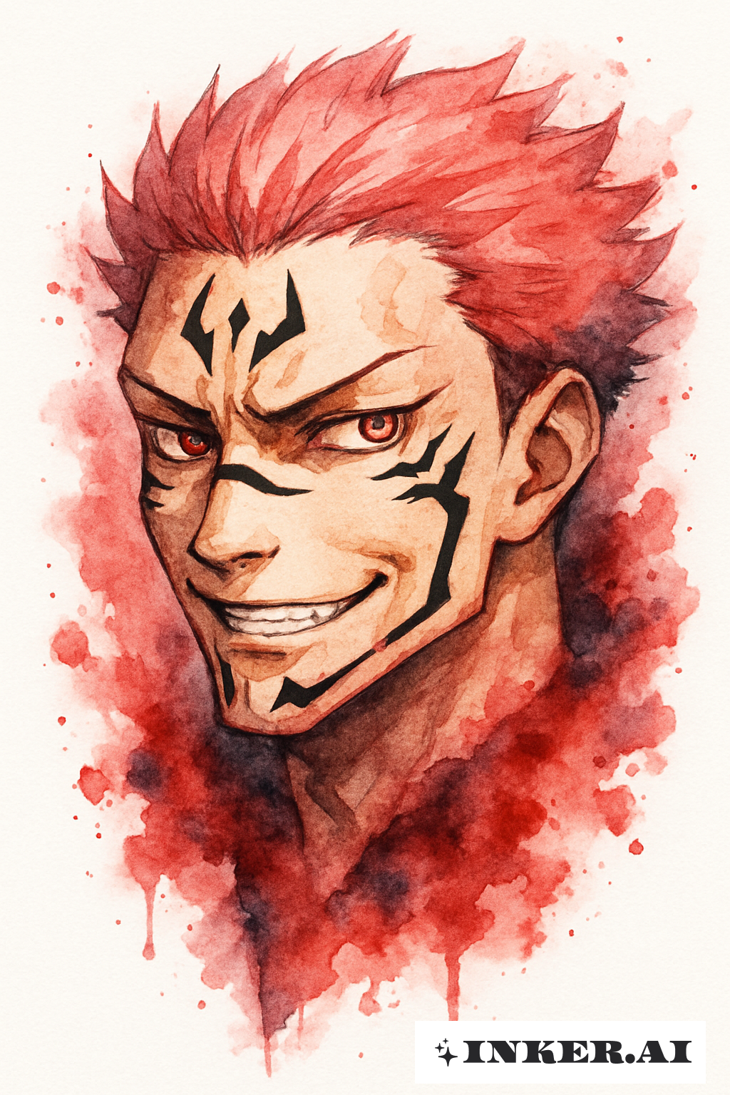 Visage de Sukuna dans un Lavis Rouge