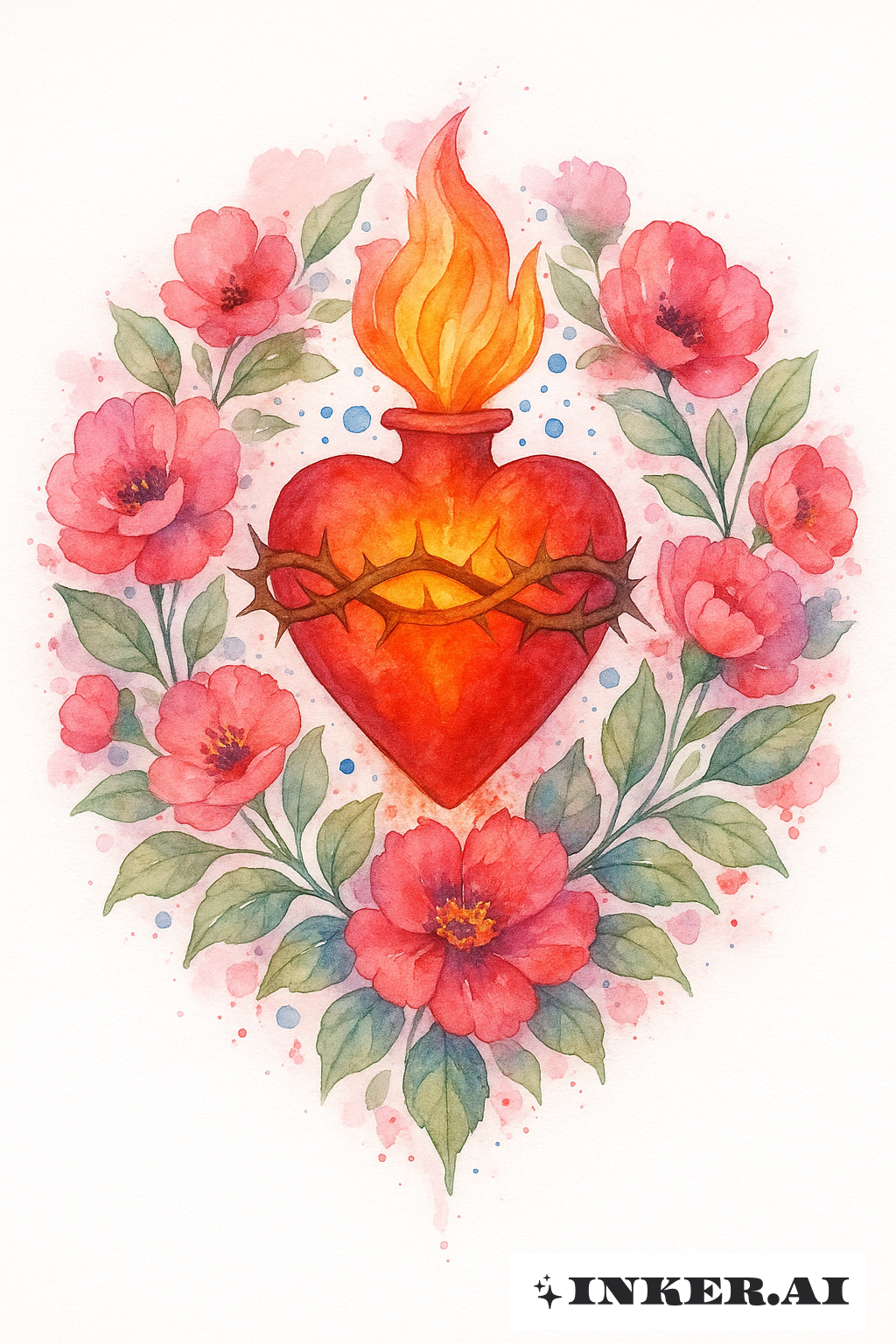 Couronne florale aquarelle autour d'un Sacré-Cœur
