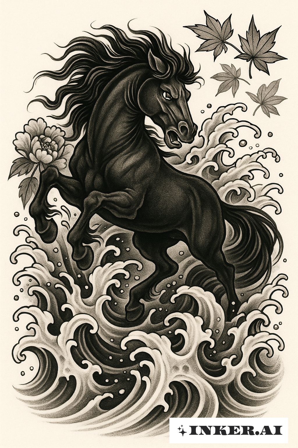 Cheval Noir Dans Les Vagues Déferlantes