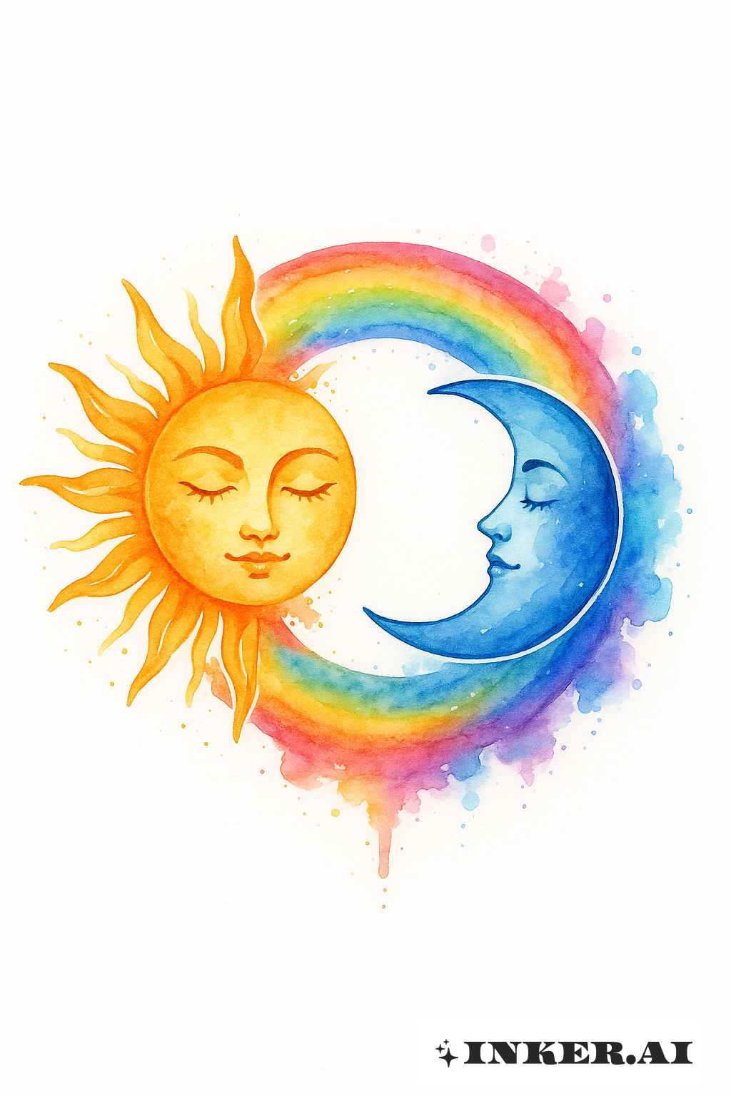 虹色の水彩ウォッシュで描かれた太陽と月