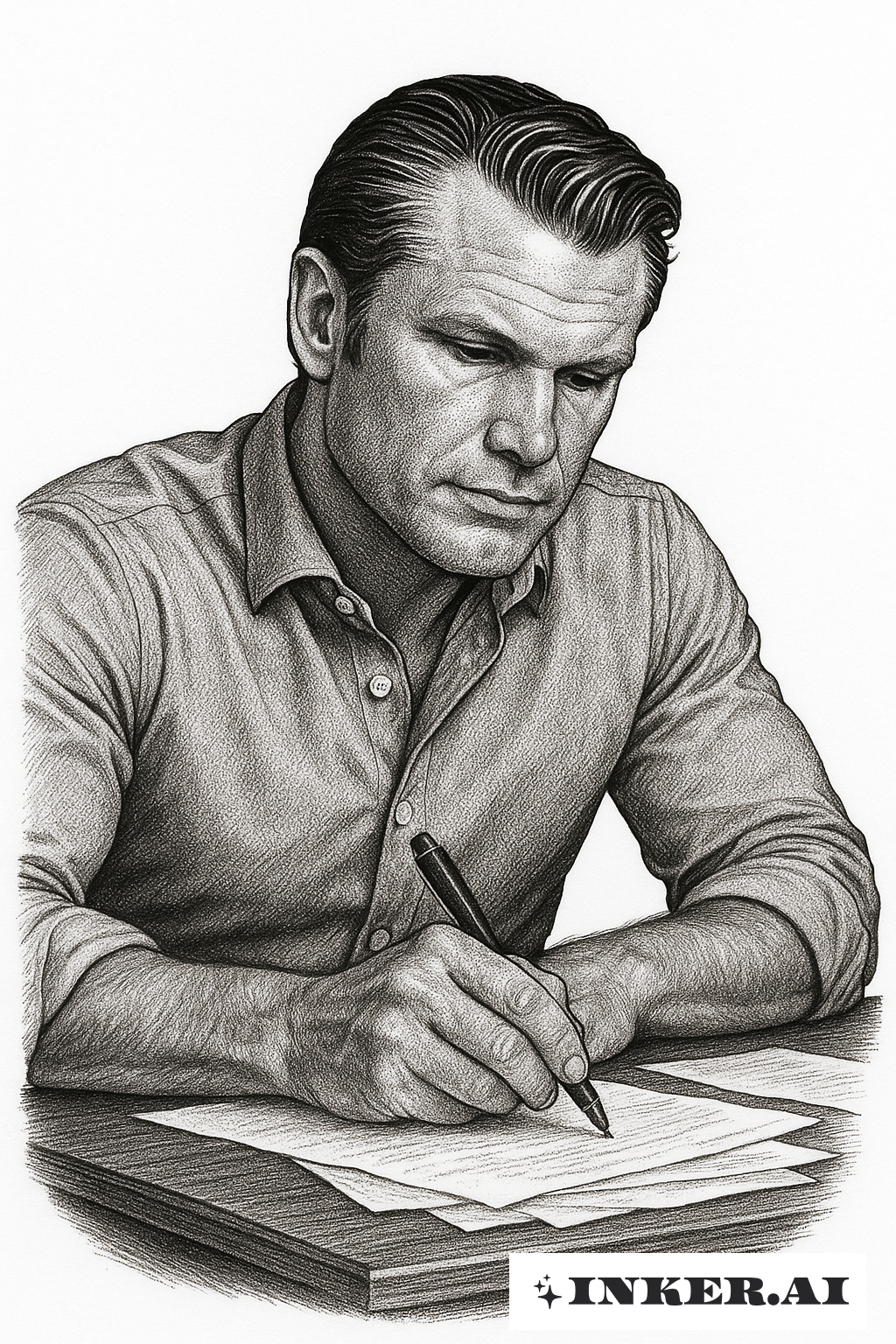 피트 헤그세스 책상에서 글을 쓰다