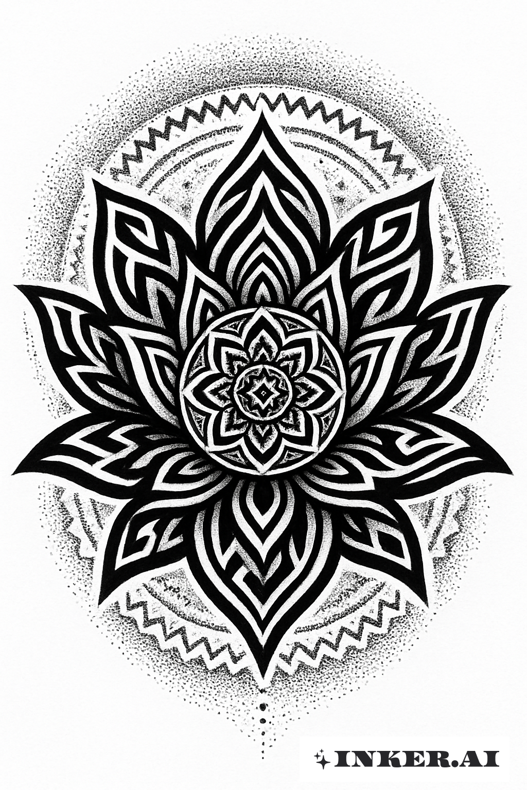 Intricate Mandala Lotus pattern with tribal dot designs, showcasing symmetry and cultural symbolism.