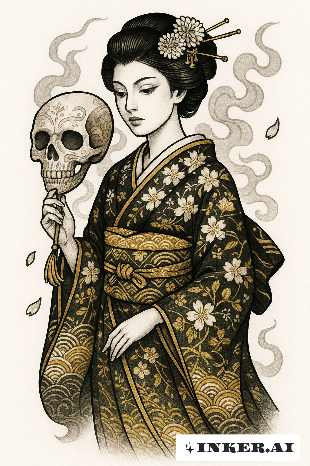 Persephone In A Kimono Holding A Skull Fan