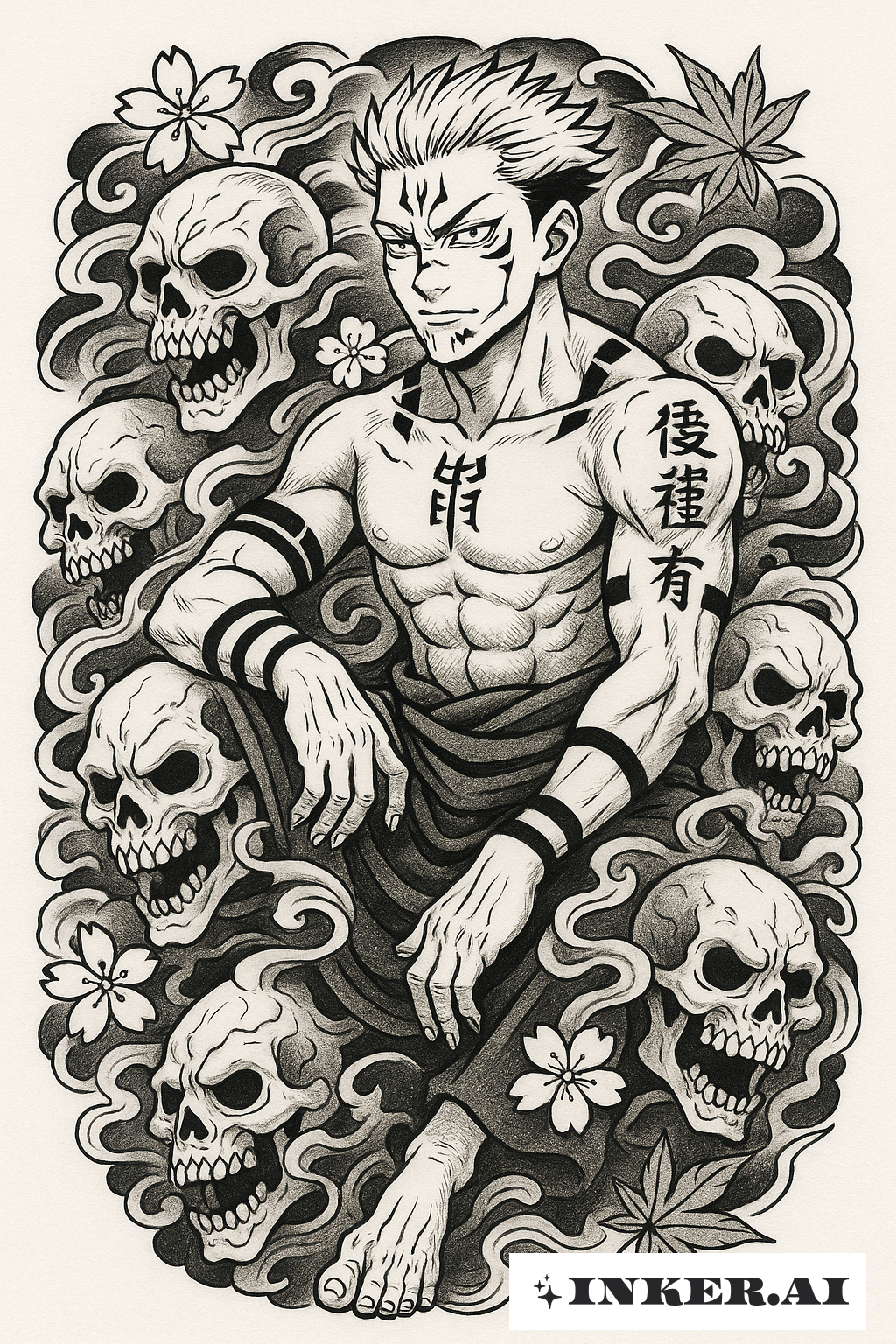 Sukuna entouré de crânes maudits