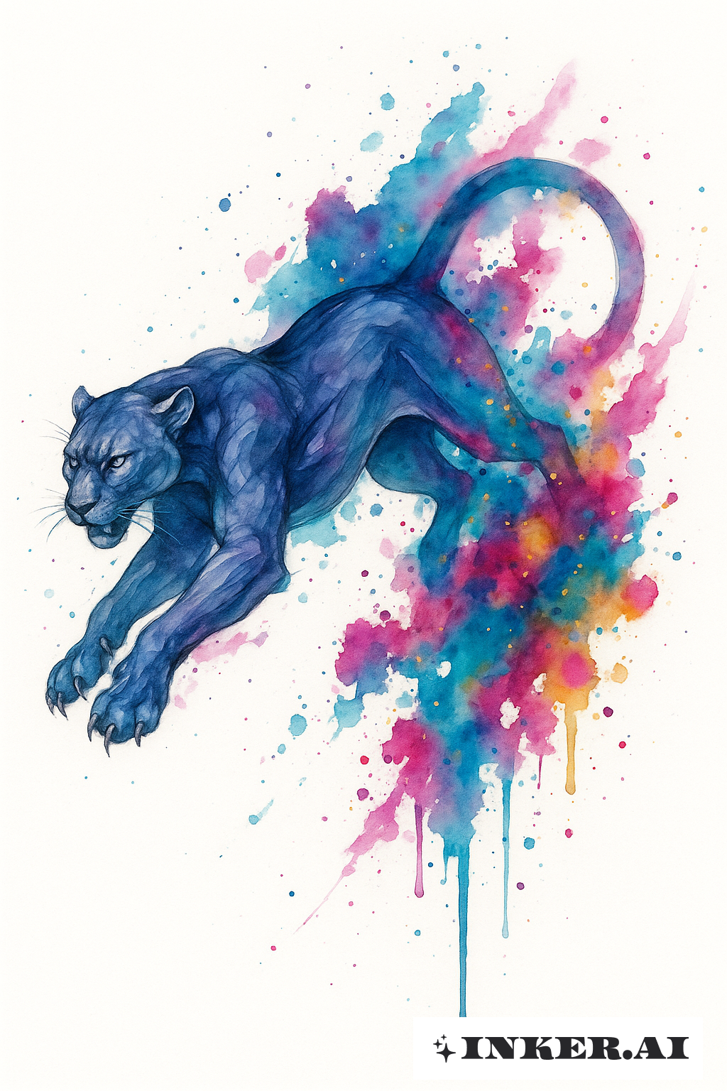 Springender Panther, der in Farbkleckse zerfällt