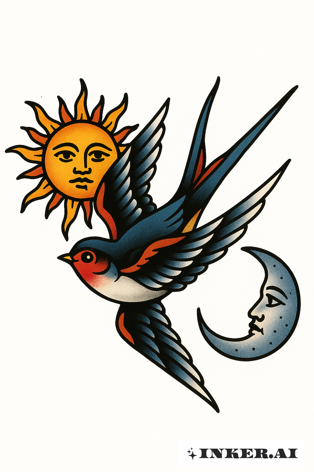 太陽と月の間を飛ぶツバメ