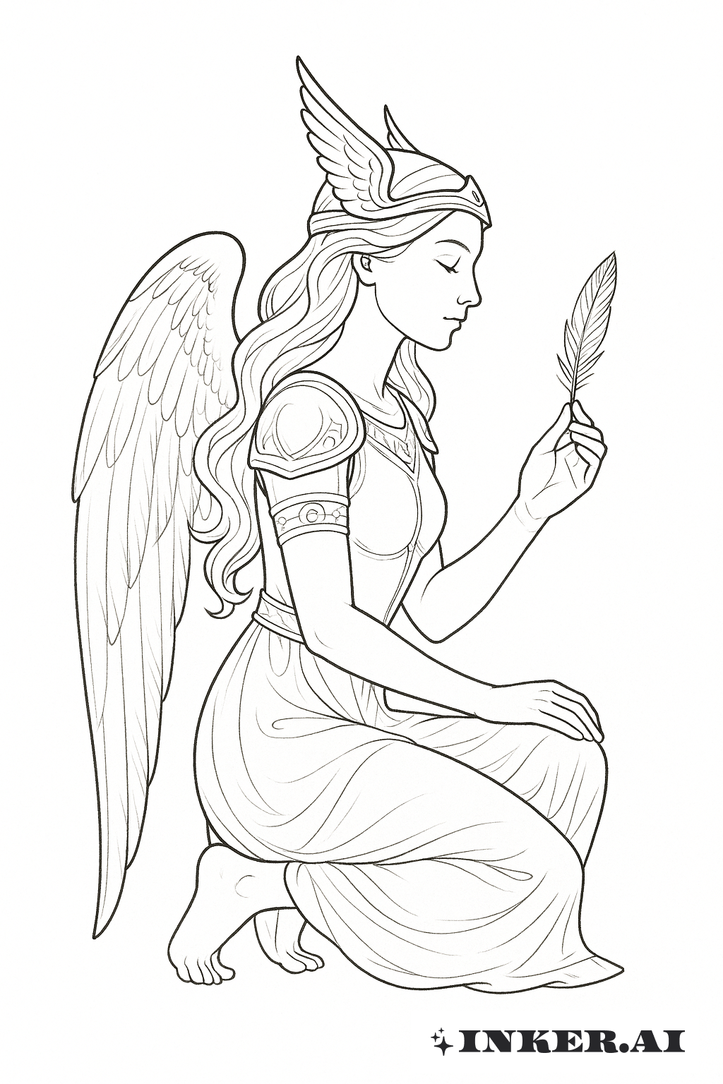 Kneeling Valkyrie Holding A Feather
