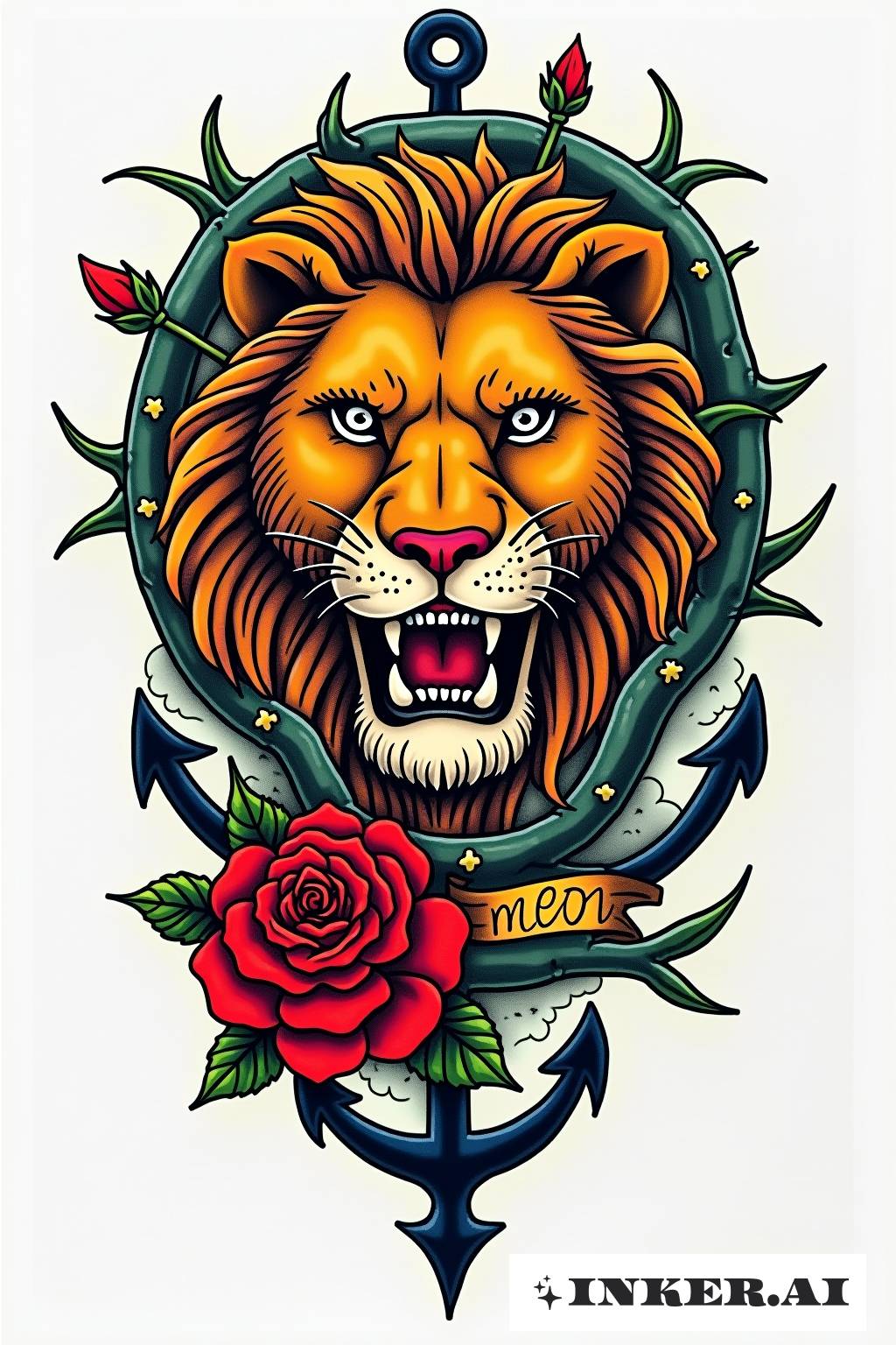 Cabeza de un león rodeada de enredaderas espinosas con colores vibrantes.