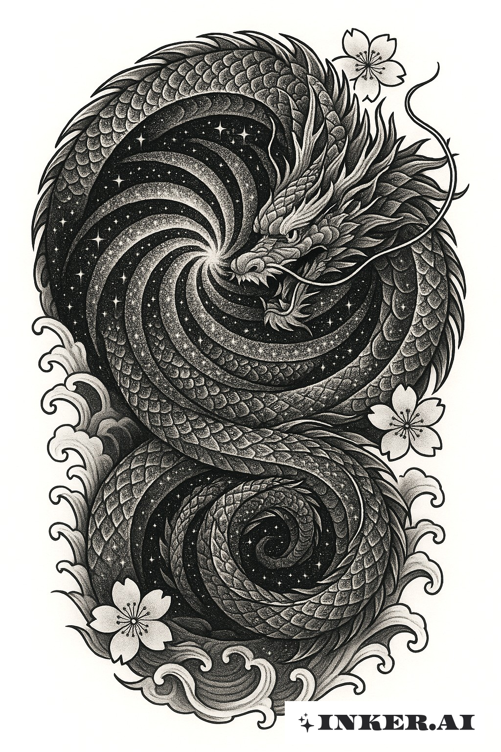 Un dragon stylisé avec des écailles en forme d'étoile spirale, enveloppé dans une aura cosmique éthérée, entouré de motifs géométriques complexes.