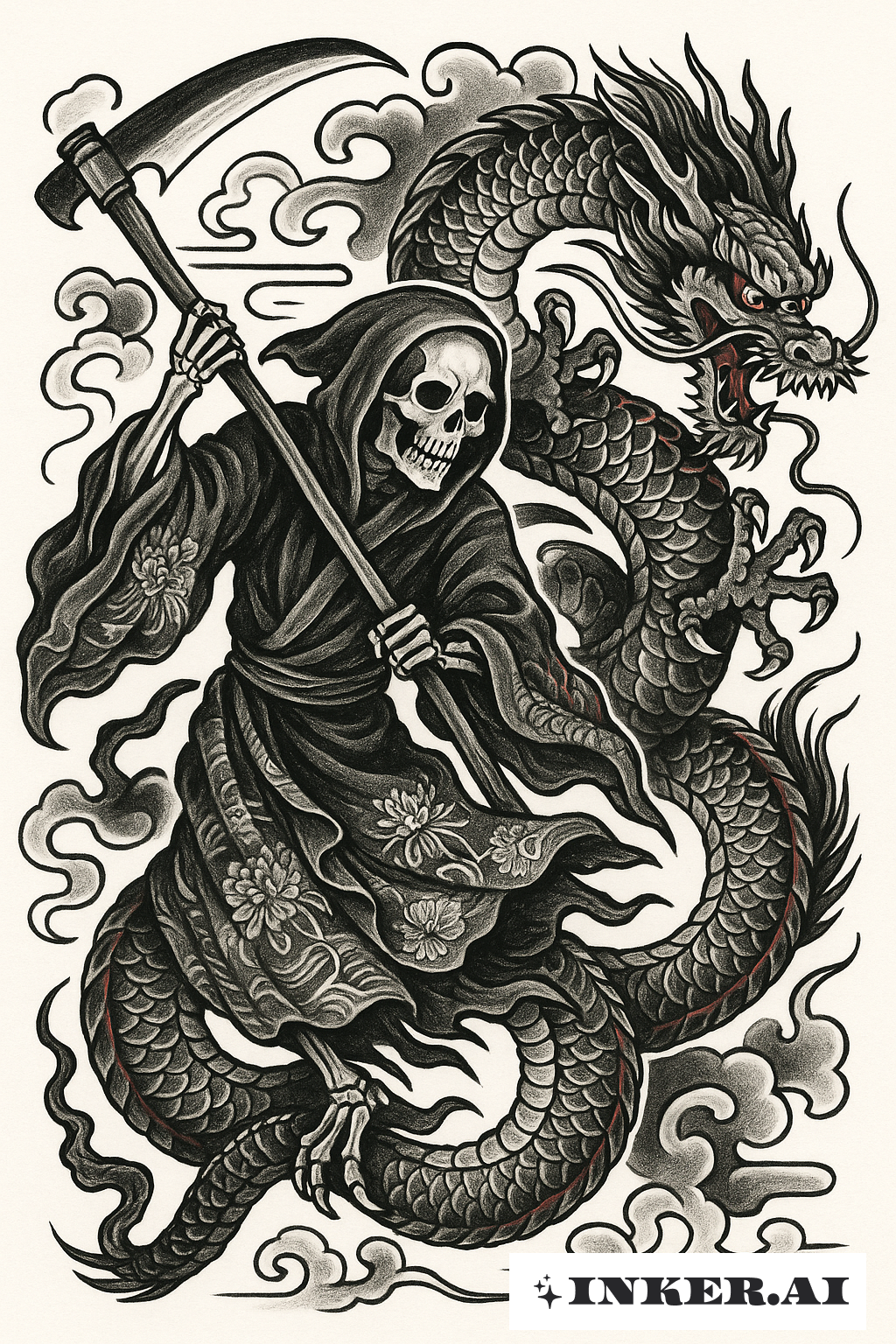 Sensenmann kämpft gegen einen schlangenförmigen Drachen