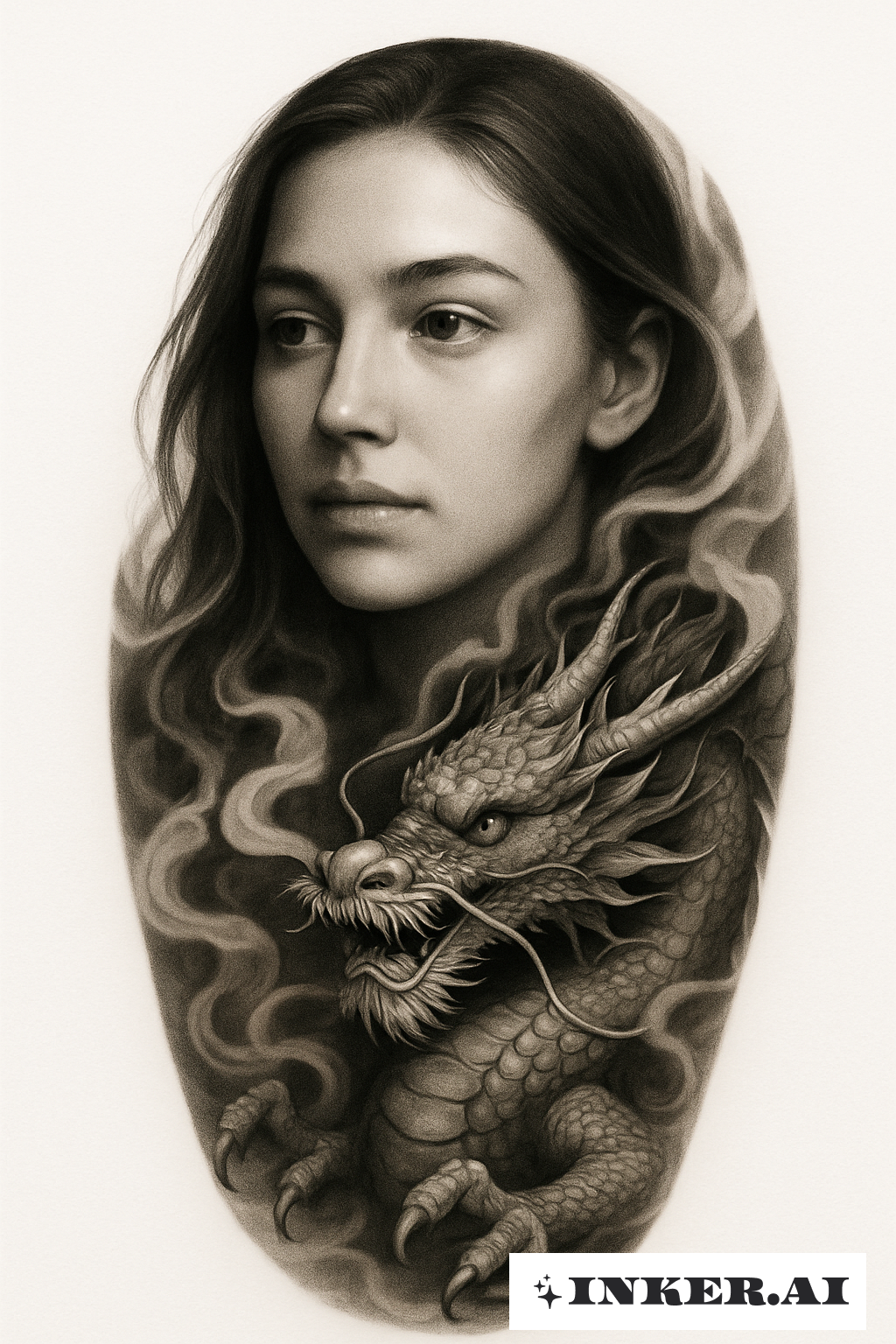 La Fille avec le Dragon Émergeant de la Fumée