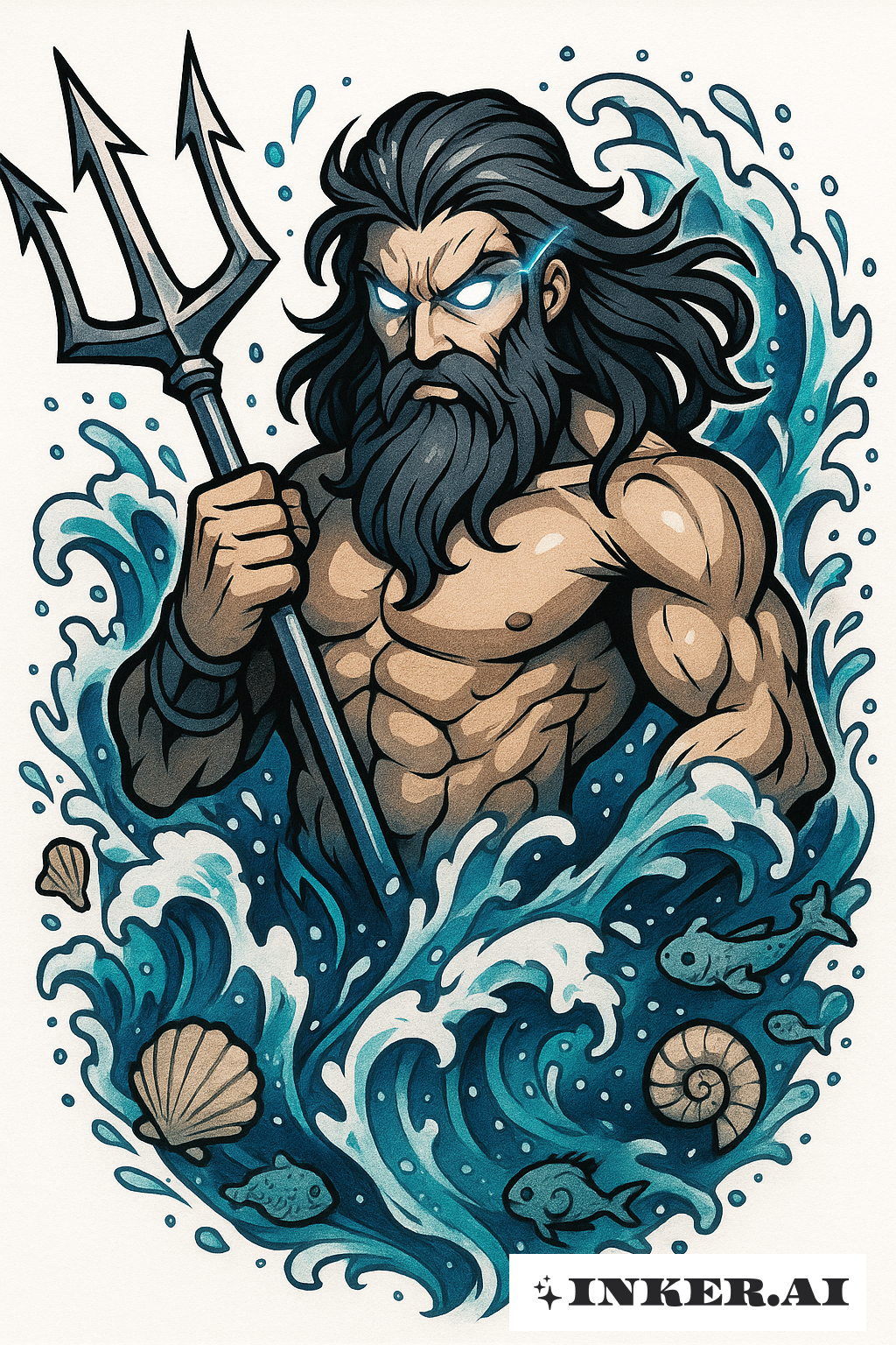 Poseidon With Glowing Eyes And Ocean Power