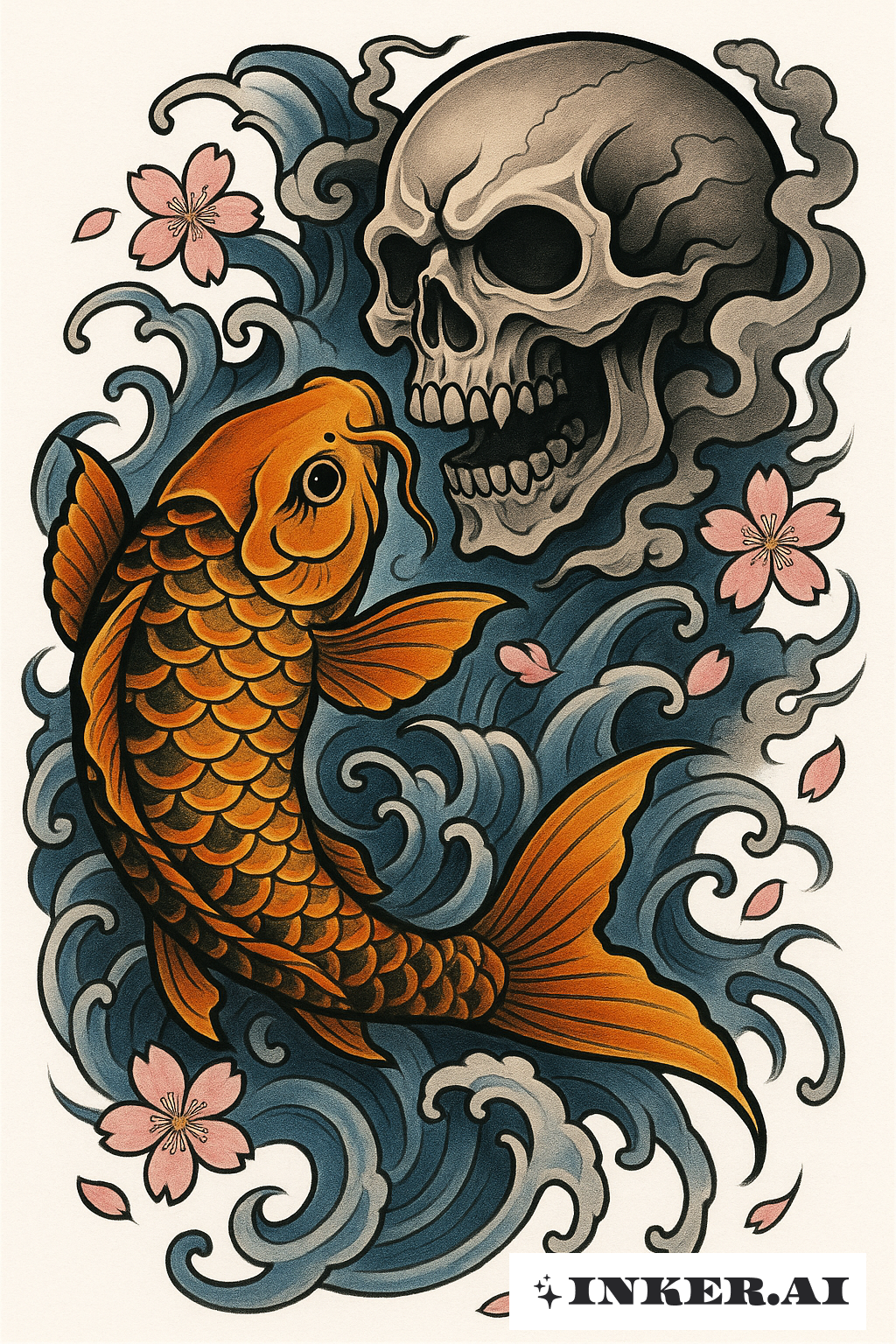 Koi schwimmt zu einem Totenkopf Memento Mori