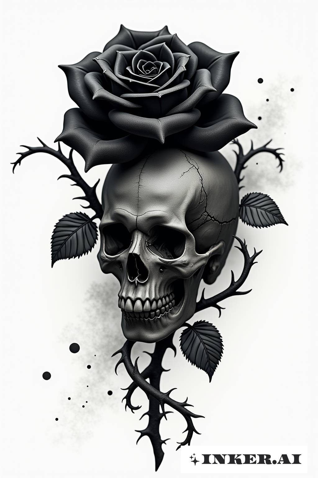 Una rosa negra con una calavera en el centro, rodeada de espinas y un ambiente nebuloso.