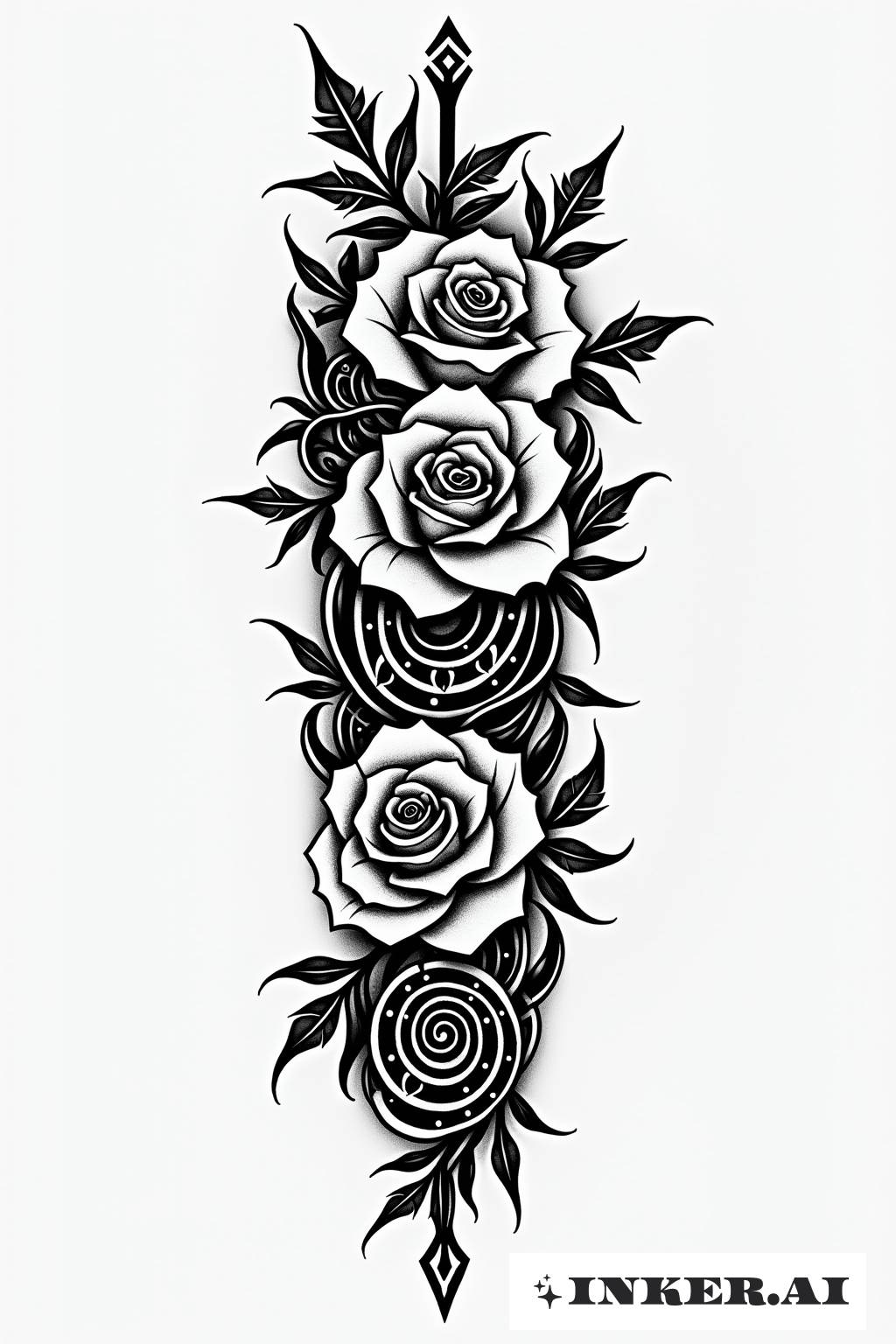 Ein Tattoo mit Rosenranken und Dornen, die sich graziös winden und einen Hauch von natürlicher Schönheit verleihen.