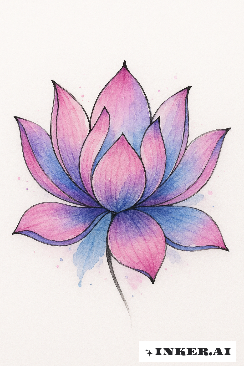 Ein wunderschön gestaltetes Tattoo, das Lotusblüten mit einem Aquarellverlauf von rosa zu tiefen blauen Tönen zeigt.
