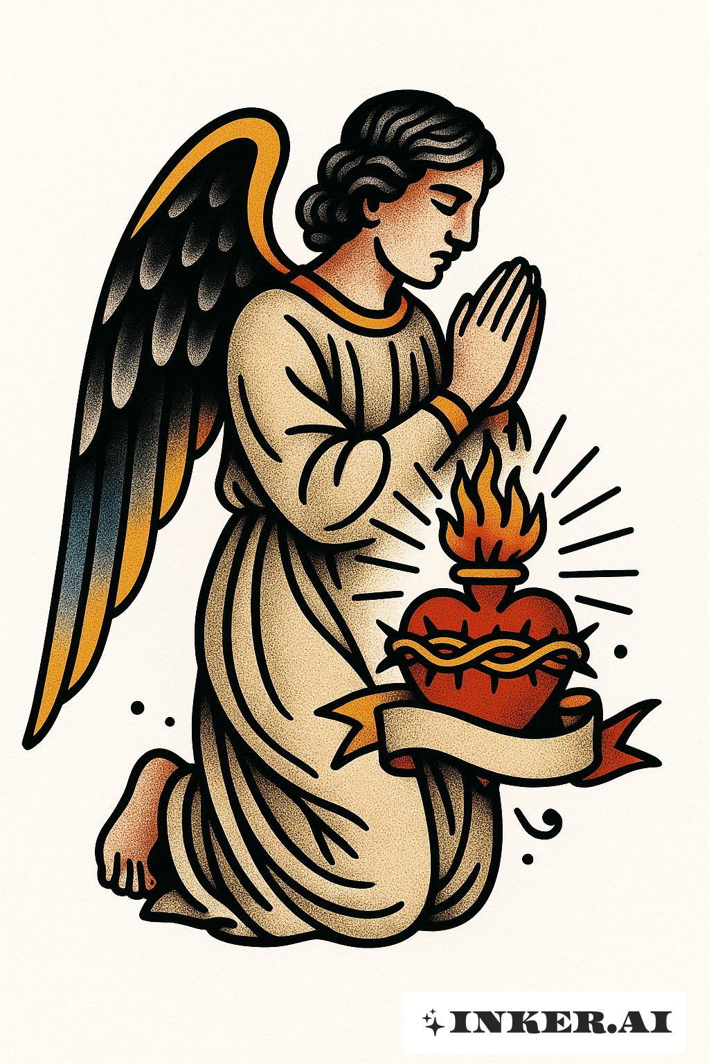 Praying Guardian Angel with a Sacred Heart