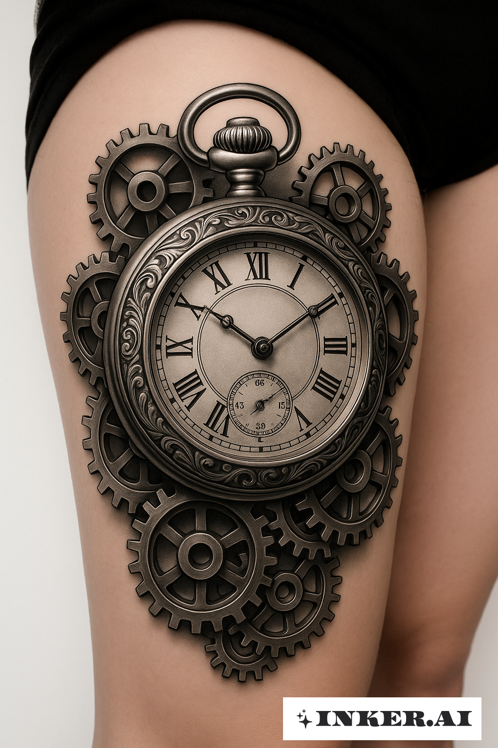 Relógio de Bolso e Engrenagens na Coxa