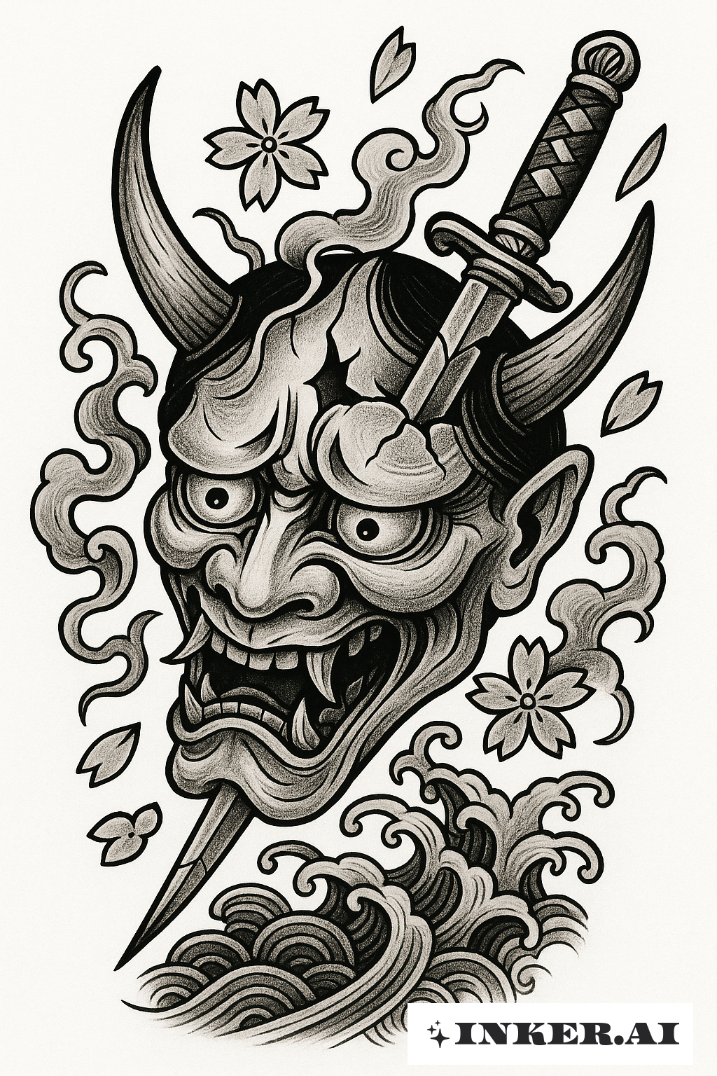 Hannya-Maske mit einem zerbrochenen Dolch