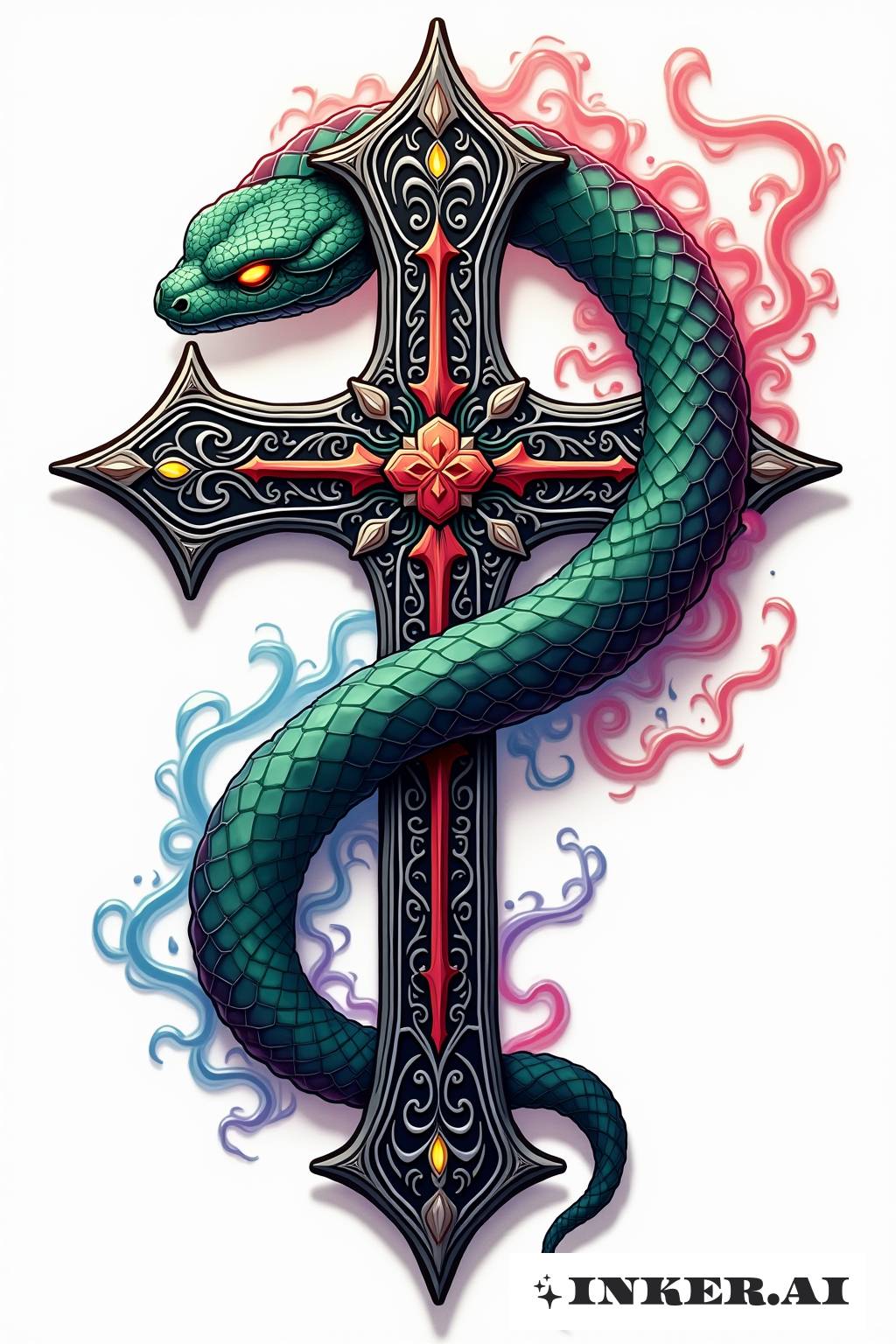 Un design de tatouage noir et blanc détaillé représentant un serpent enroulé autour d'une croix ornementale, mettant en avant un travail de lignes et d'ombrage complexe.