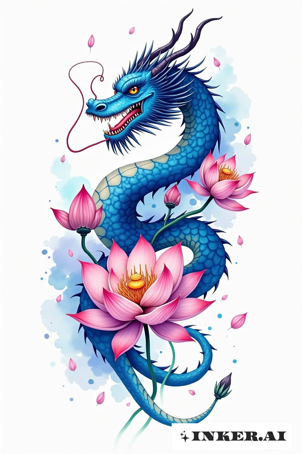 Ein blauer Drache windet sich zwischen rosa und weißen Lotusblüten mit einem wasserfarbenähnlichen Effekt.