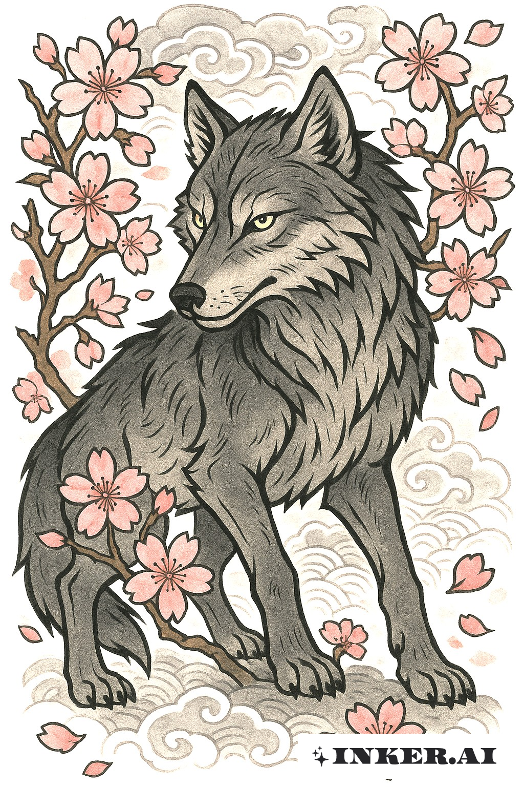 Ein majestätischer Wolf, geschmückt im traditionellen japanischen Kunststil, steht inmitten zarter Kirschblütenzweige und verbindet natürliche Schönheit mit kultureller Symbolik.