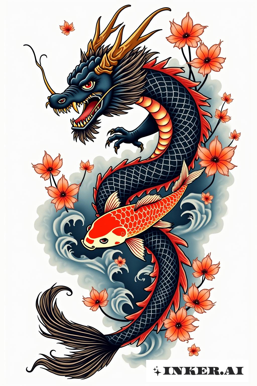 Ein lebhaftes Tätowierungsdesign zeigt einen majestätischen Drachen, der sich mit einem Koi-Fisch verschränkt, beide umgeben von wirbelndem Wasser und Wolken.