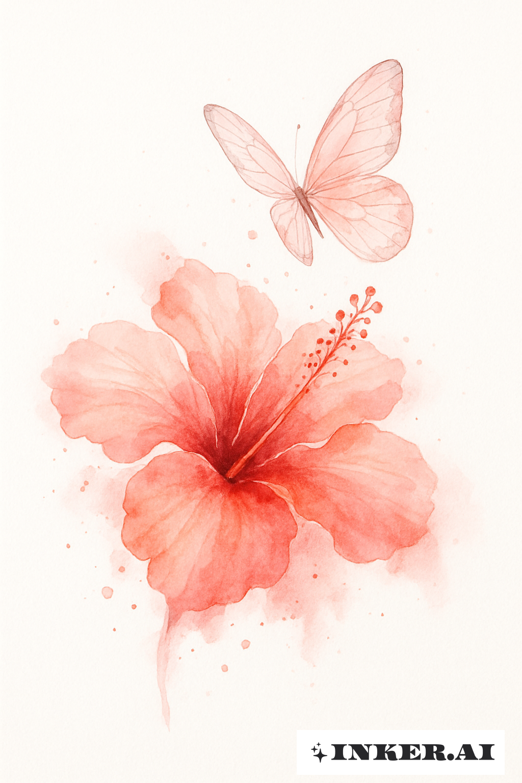 Watercolor Bleed Hibiscus And Butterfly