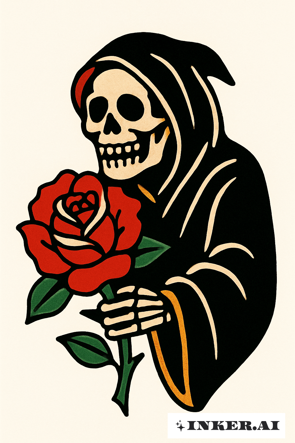 Sensenmann und eine kräftig rote Rose