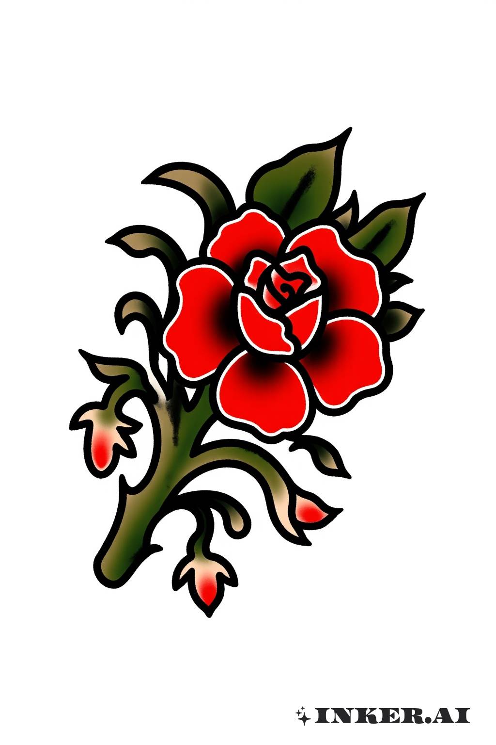 Una imagen en estilo tradicional estadounidense que muestra una rosa roja con hojas verdes y un contorno negro.