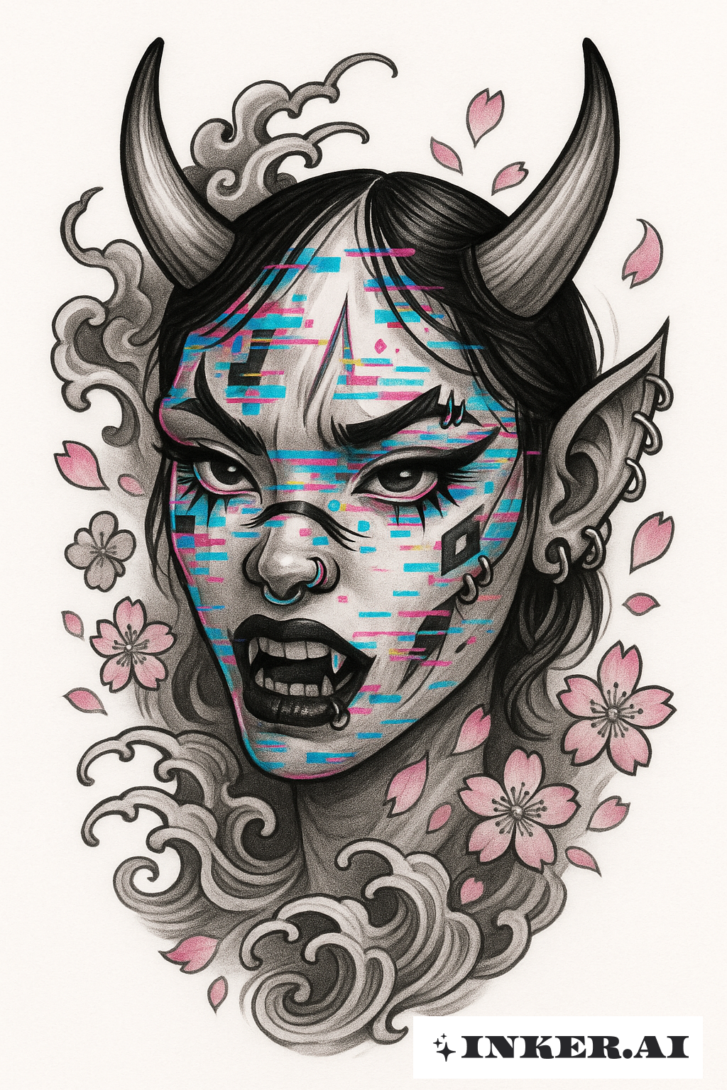 Mặt nạ Hannya Thế hệ Z với hiệu ứng Glitch