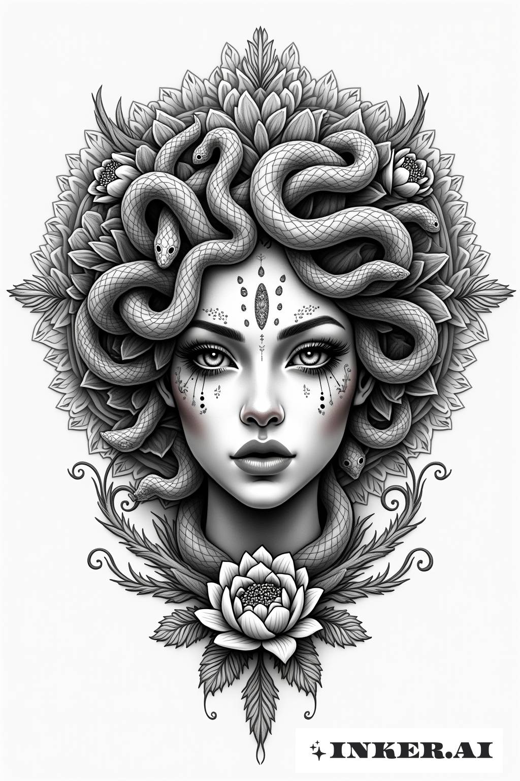 Uma tatuagem de linha fina da Medusa com cobras no cabelo, rodeada de flores em floração.