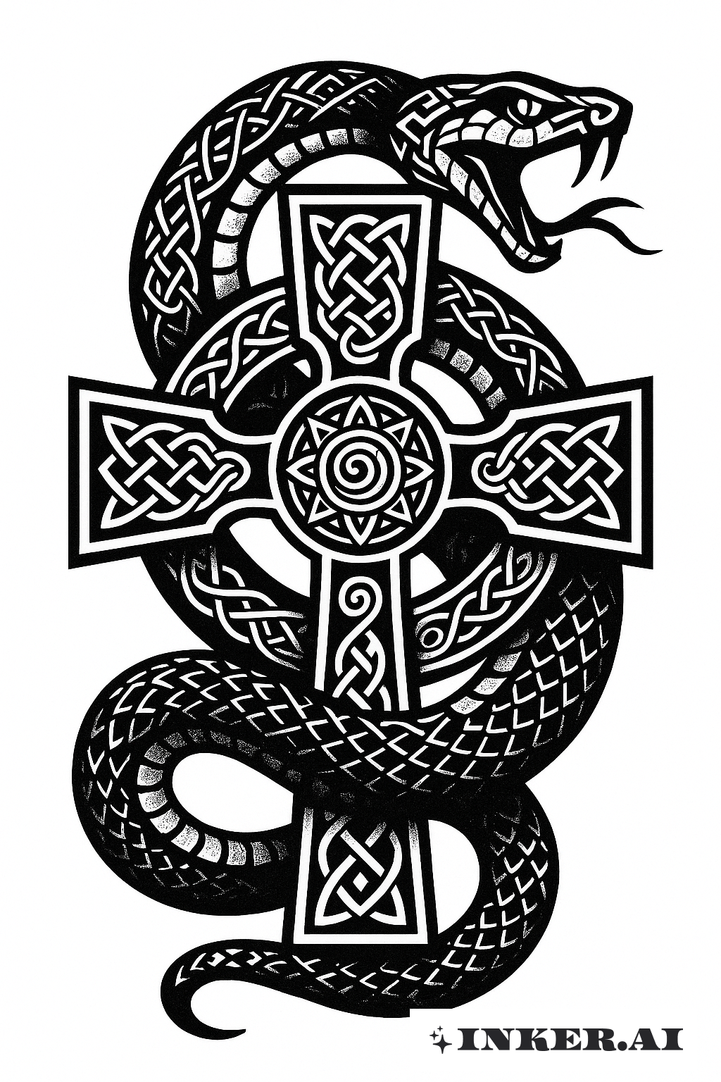 Ein auffälliges schwarz-weißes Tattoo zeigt eine Schlange, die sich um ein keltisches Kreuz windet und komplexe Tribal-Muster mit symbolischer Bedeutung verbindet.