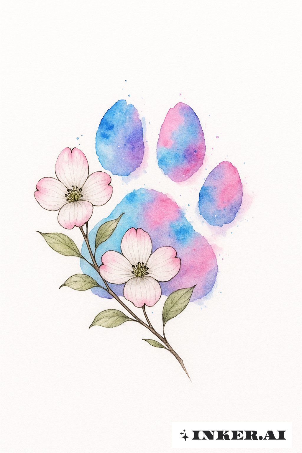 Fleurs de cornouiller avec une empreinte de patte de chien en aquarelle