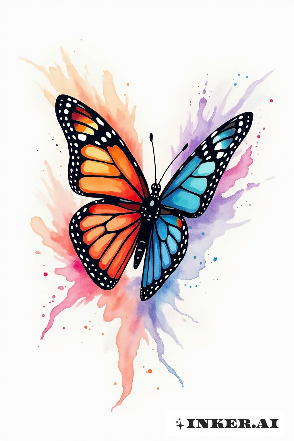 Una vívida mariposa parece disolverse perfectamente en trazos de pincel expresivos en este diseño artístico de tatuaje.