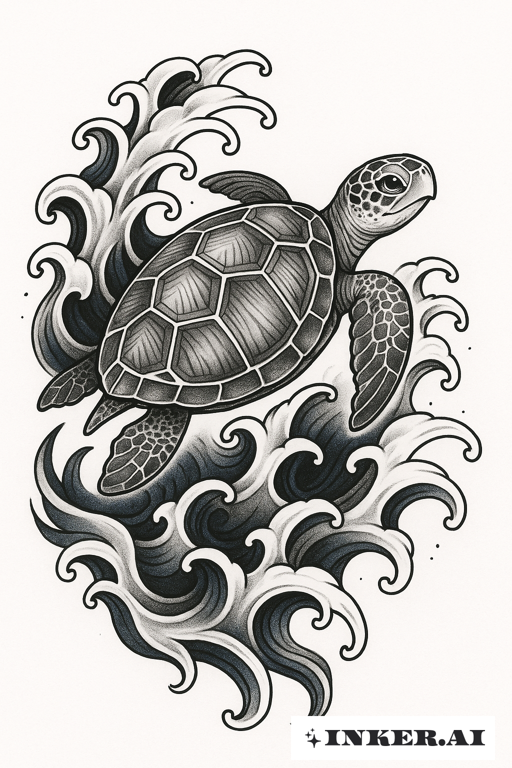 Sea Turtle In Japanese Style Waves