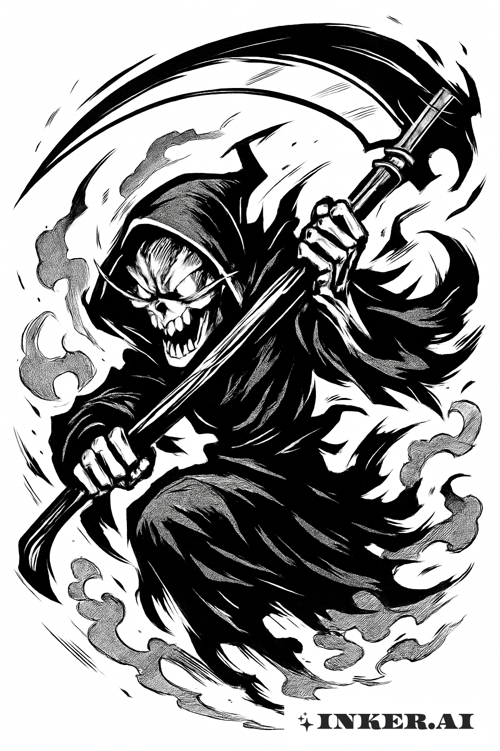 Seelenschneidender Sensenmann in dynamischer Pose