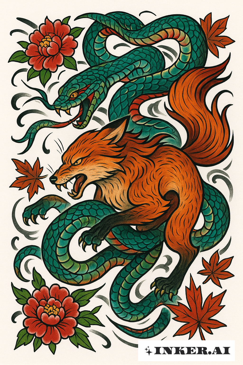 Un renard japonais traditionnel combattant un serpent