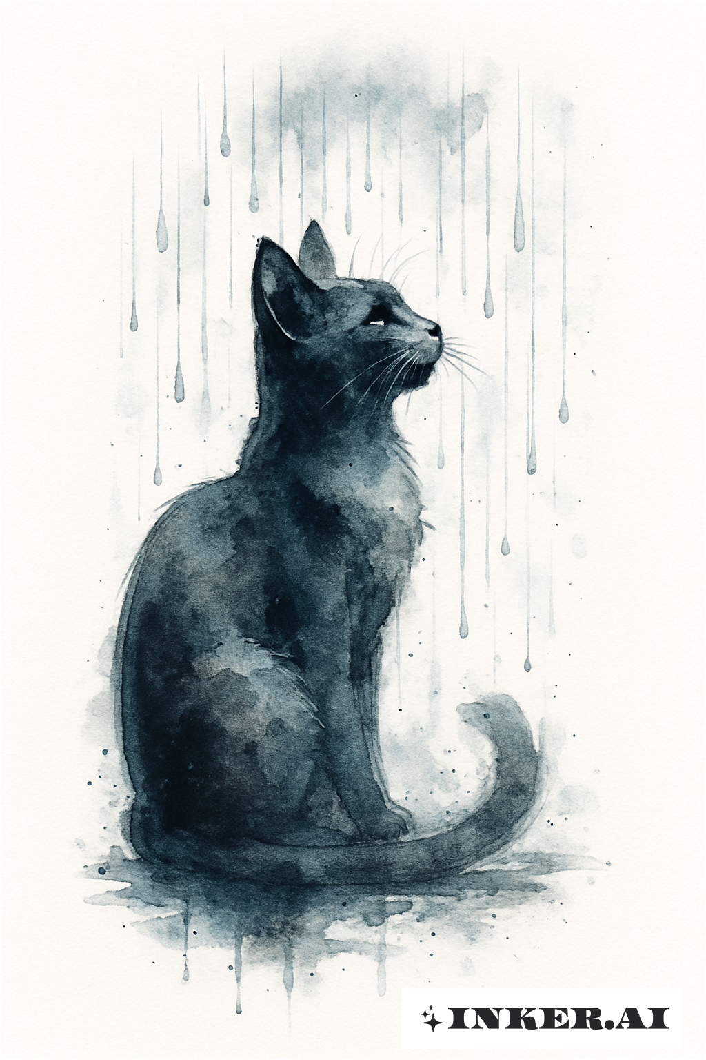 墨水畫風格雨中黑貓