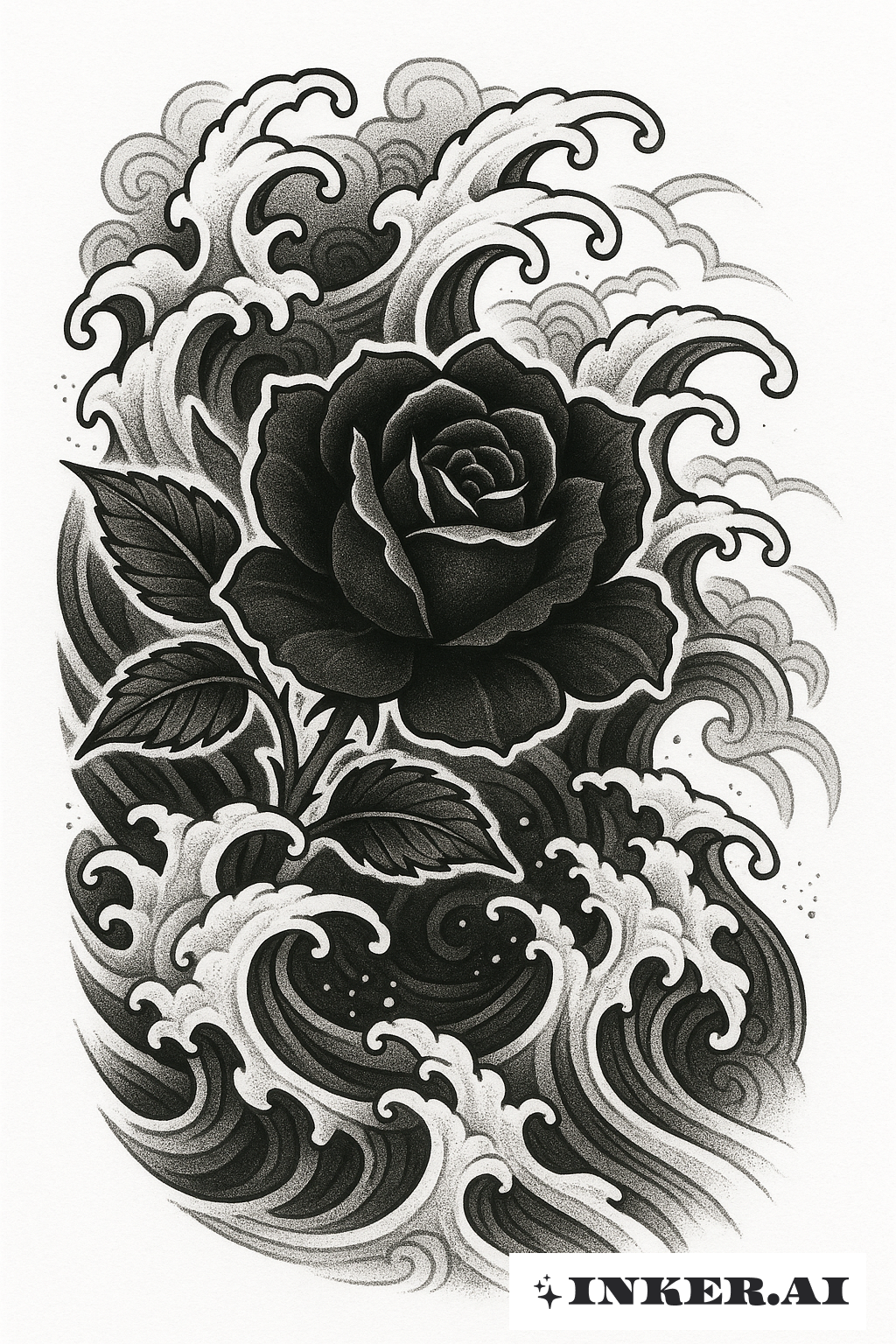 Black Rose Amidst Crashing Irezumi Waves