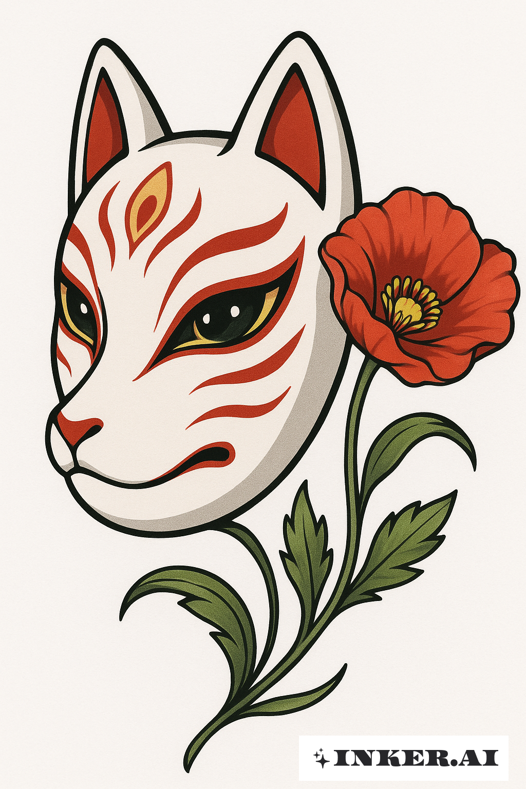 Kitsune-Maske mit zarter Mohnblume
