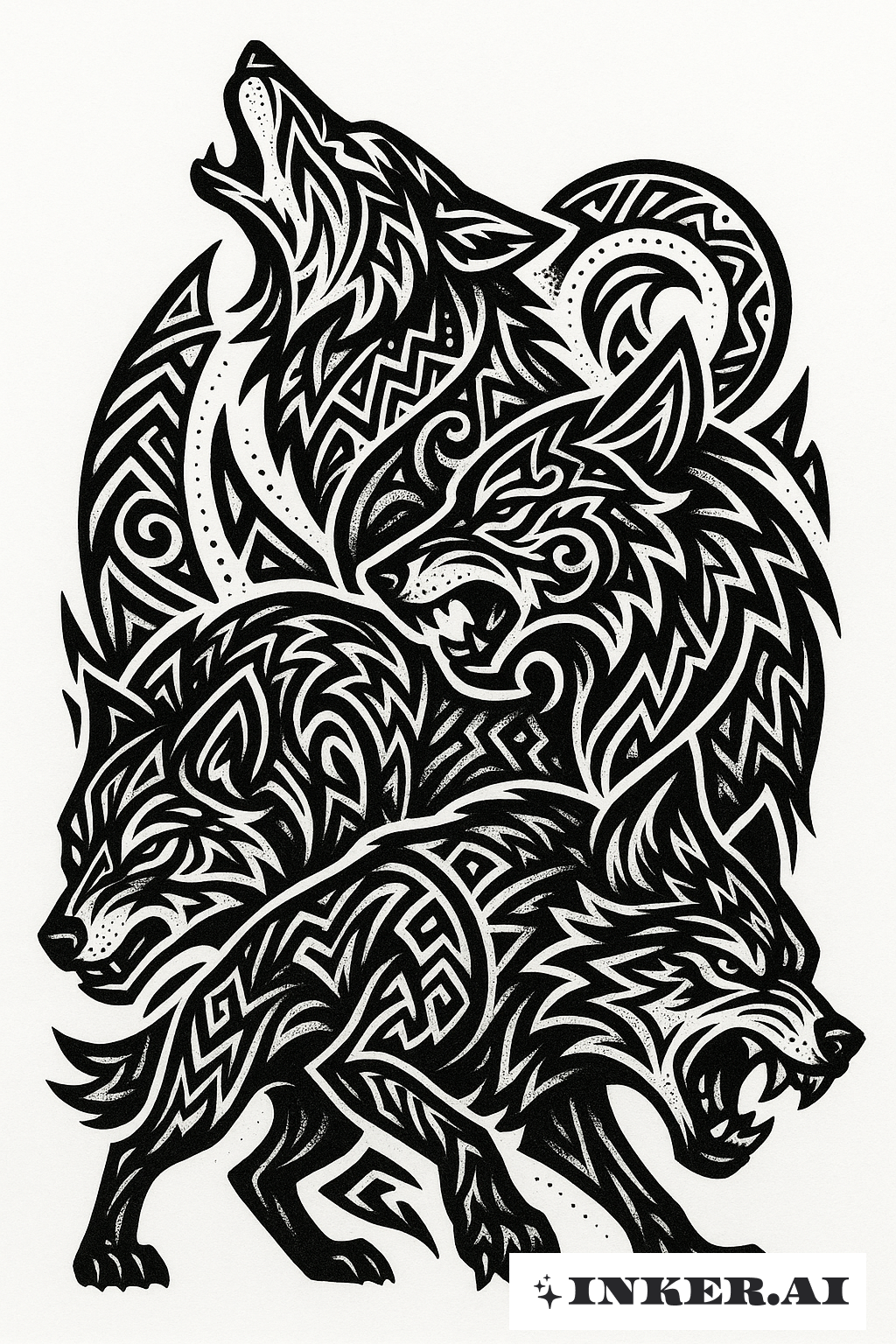 Intrincados patrones tribales entretejidos alrededor de una feroz manada de lobos, mostrando unidad y fuerza primordial en elegante detalle.
