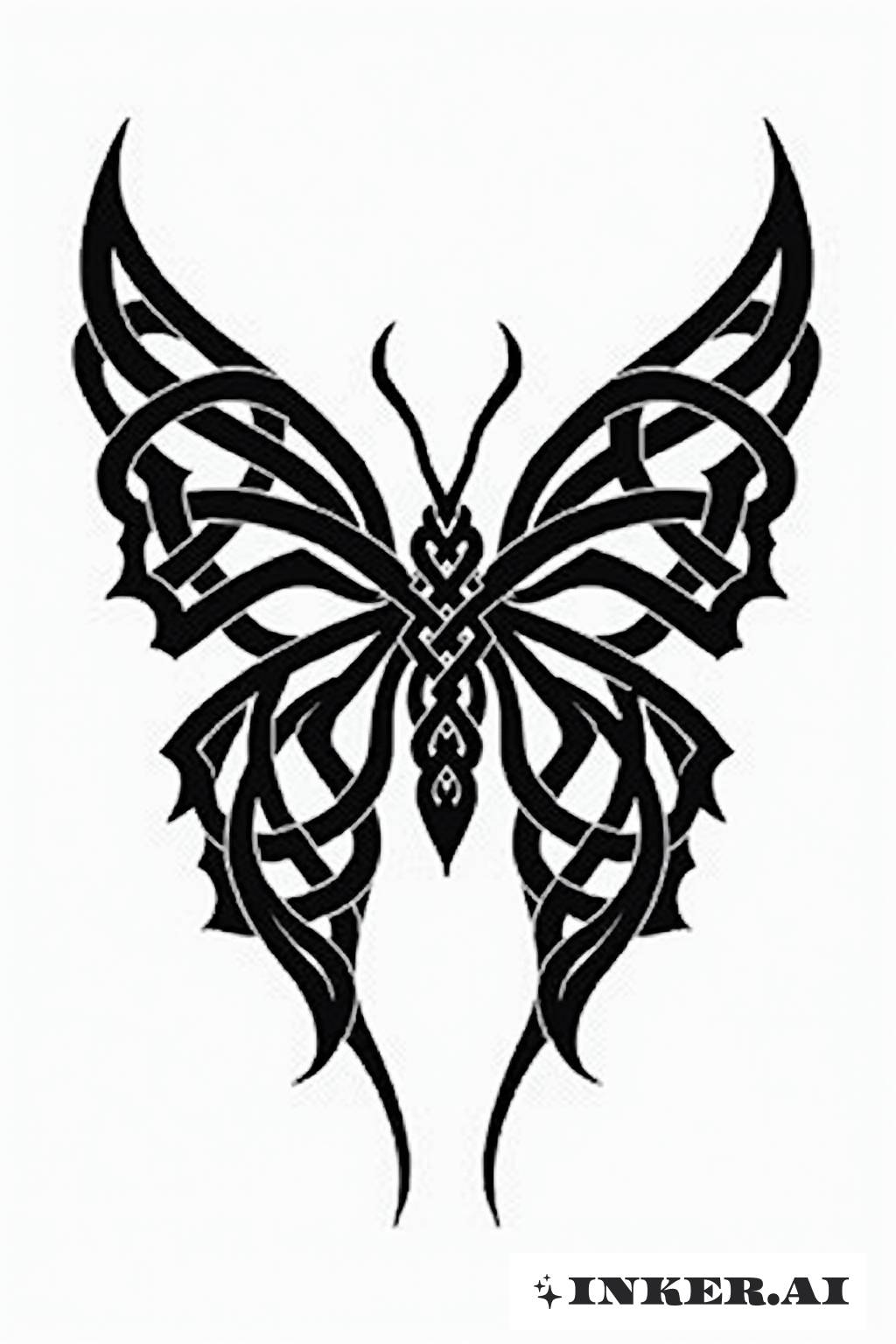 Ein Schmetterling-Tattoo, schön zusammengesetzt aus komplizierten keltischen Knoten, zeigt Symmetrie und detaillierte Verflechtungsmuster in Schwarz.