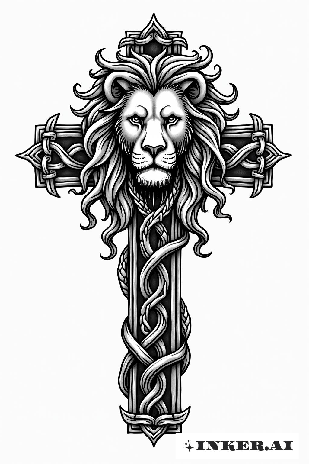 Un león entrelazado con una cruz y motivos celtas, formando un diseño intrincado y llamativo.